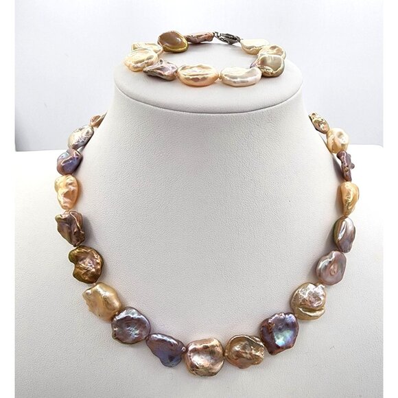 Large Keshi Baroque Pearl Necklace And Bracelet Set, Rainbow Colors 925  SS - Picture 5 of 15